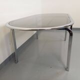 Vintage oval dining table in smoked glass and chrome metal, Space Age style.