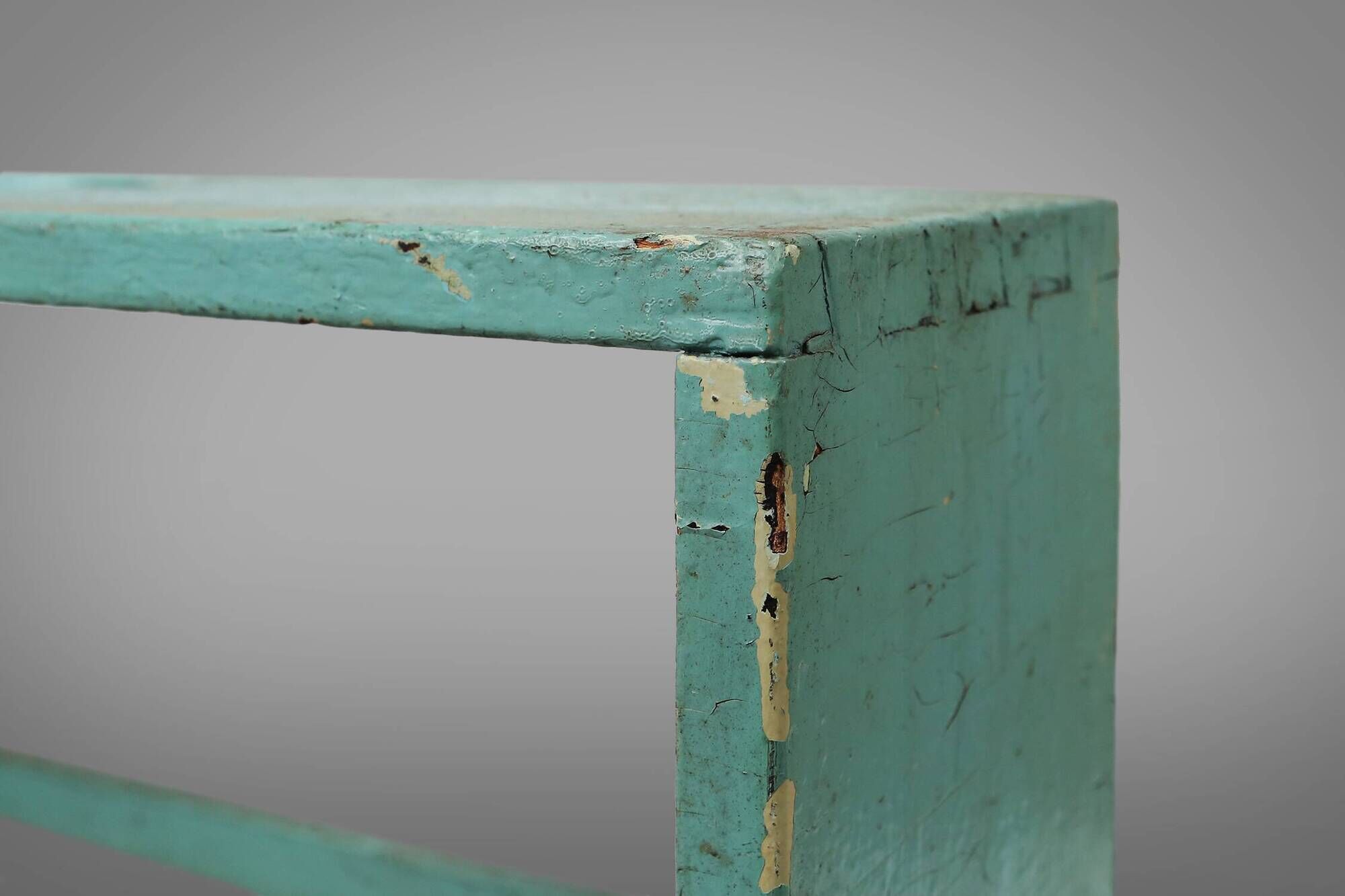 Industrial small mint-colored rack or bookcase with 4 shelves and beautiful patina, Belgium, 1920s