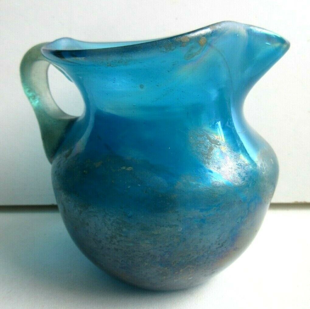 Small Art Deco pitcher, iridescent blue glass