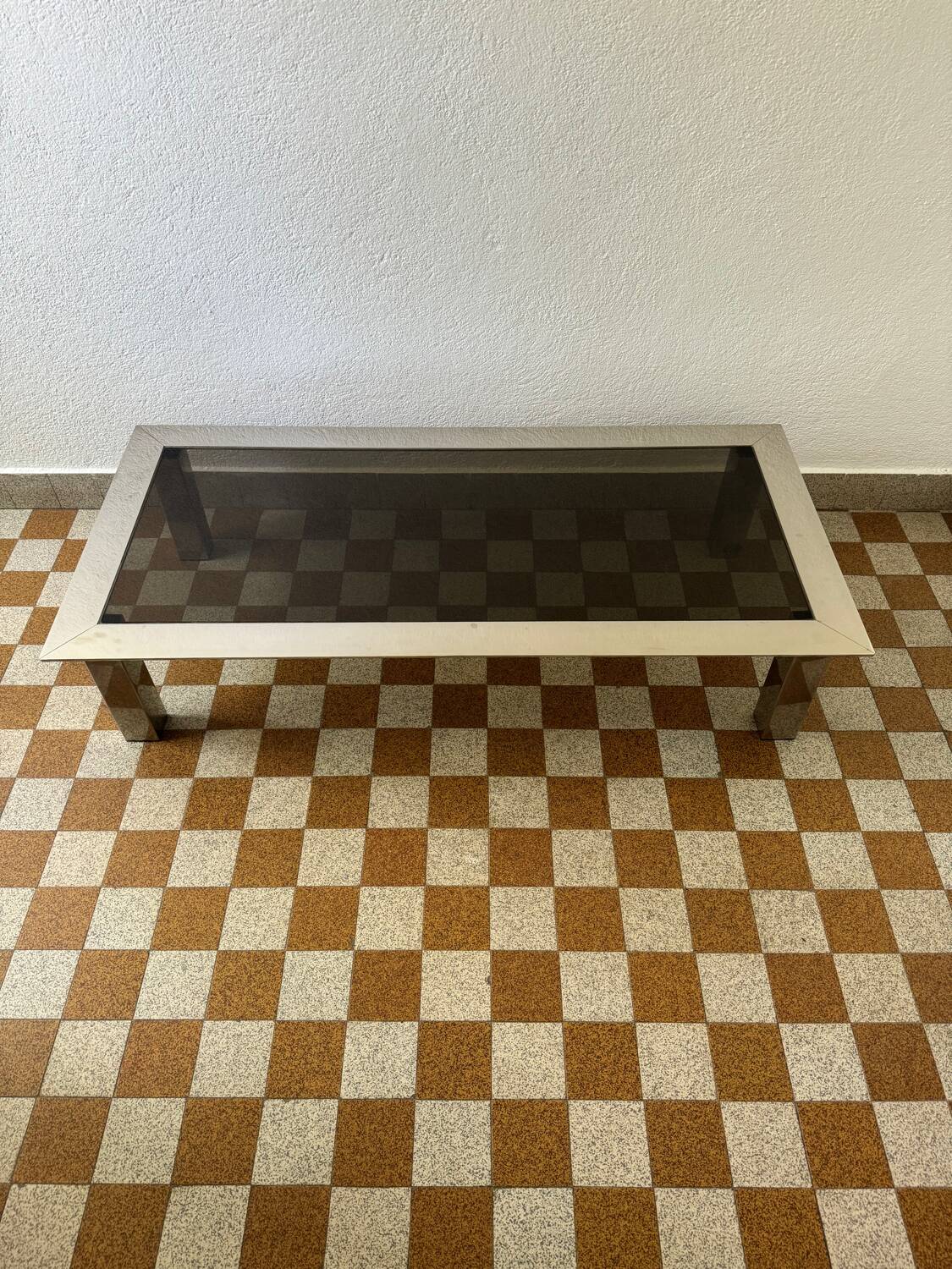 Rectangular coffee table in chrome steel and smoked glass from the 70s