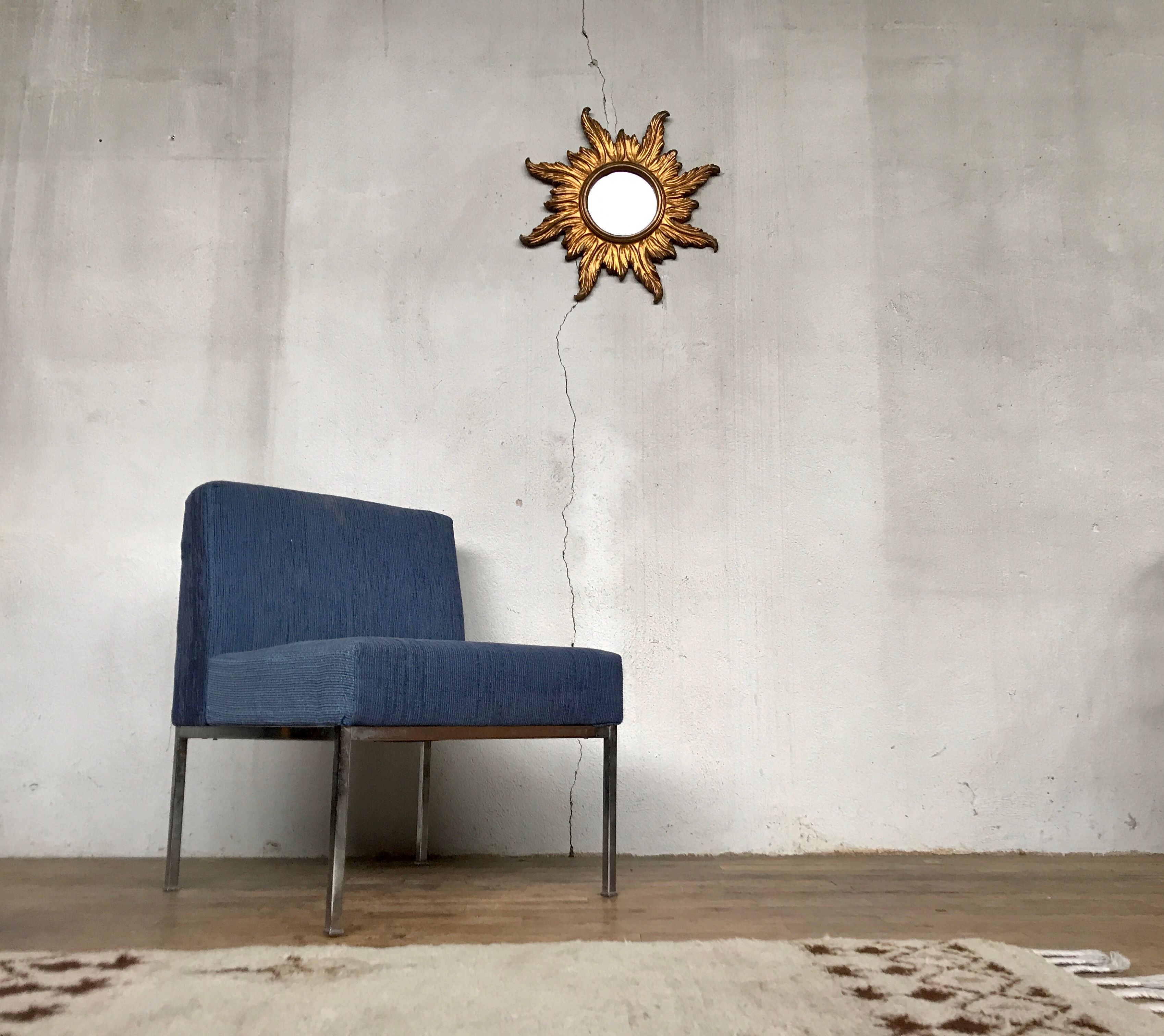 Chrome foot heated chair and vintage blue fabric, 1970