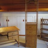 Storage column, bookcase in wood and woven rattan