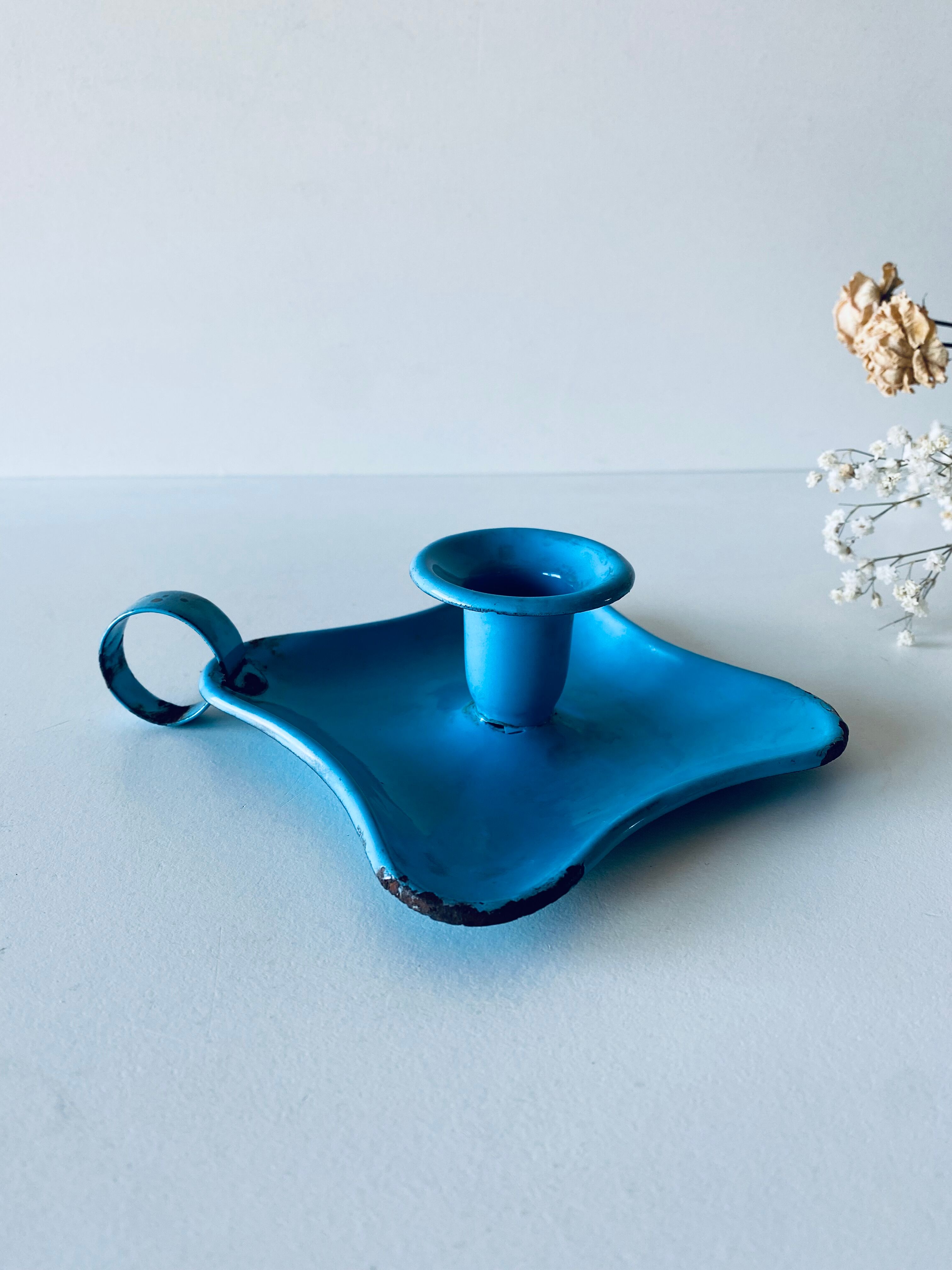 Old sky blue enamelled candle holder