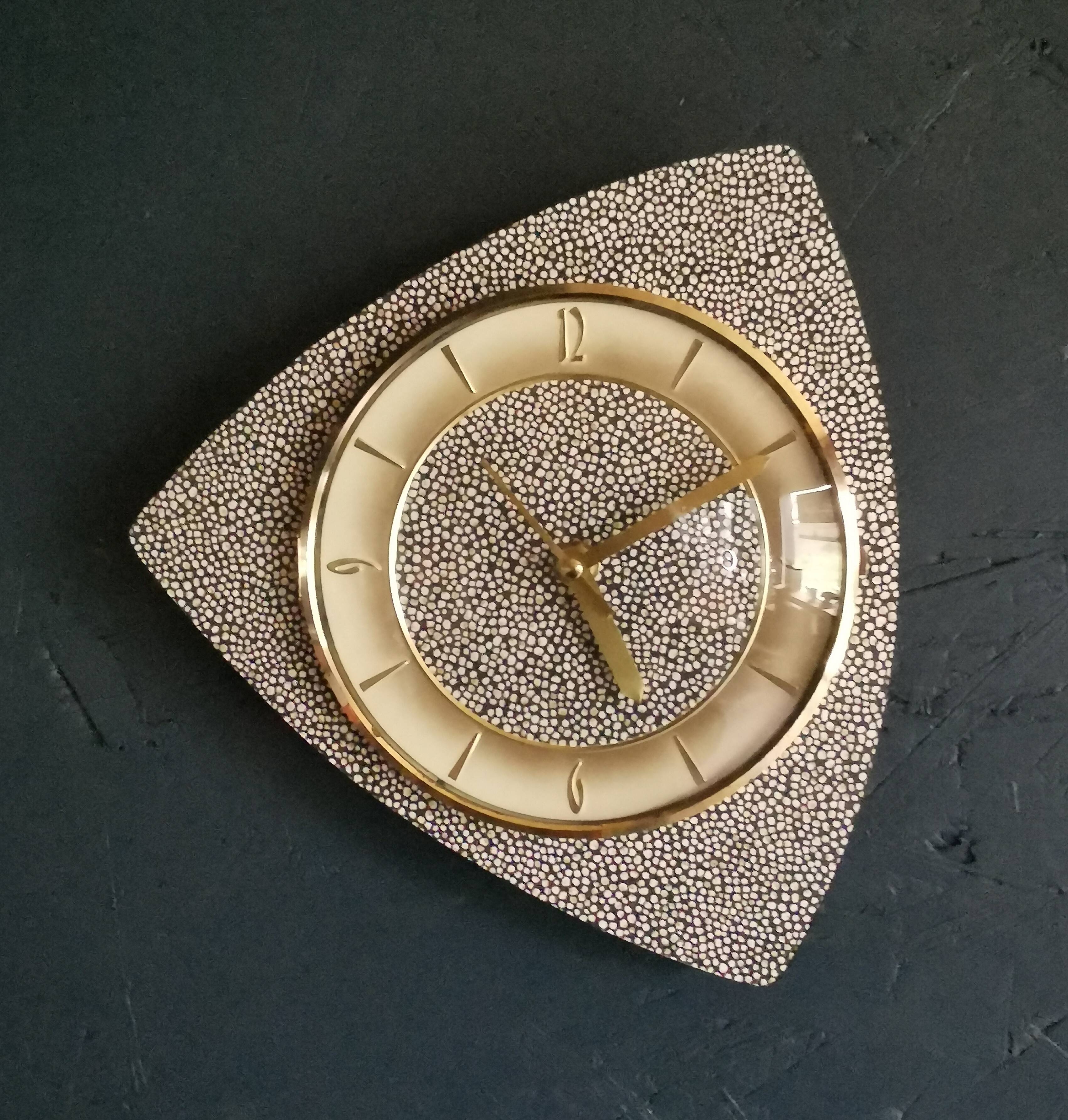Vintage formica clock silent asymmetrical wall pendulum "Anthracite gold round"