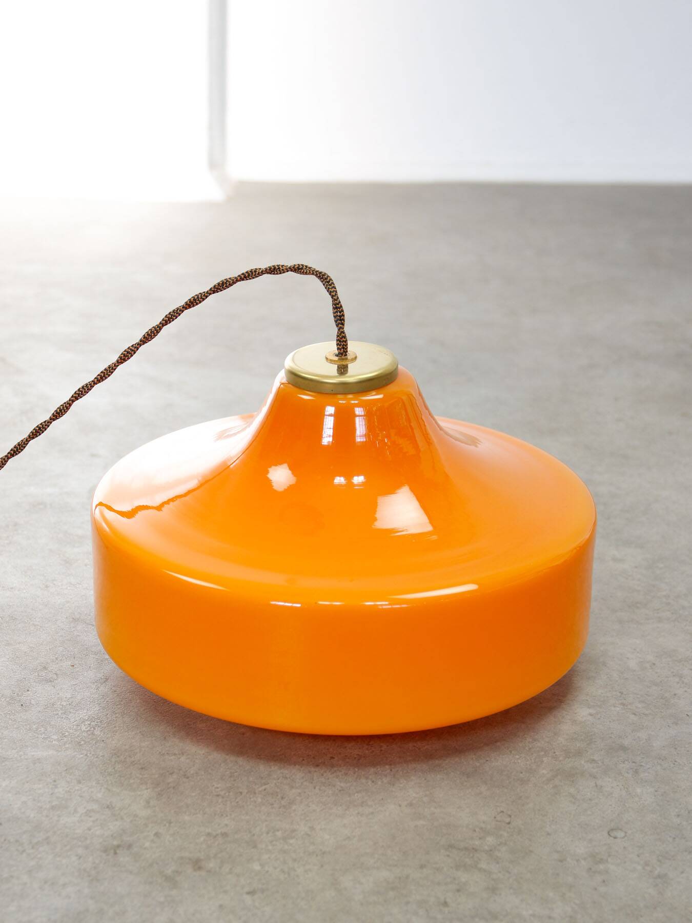 Mid-Century Italian Orange Glass & Brass Pendant Lamp