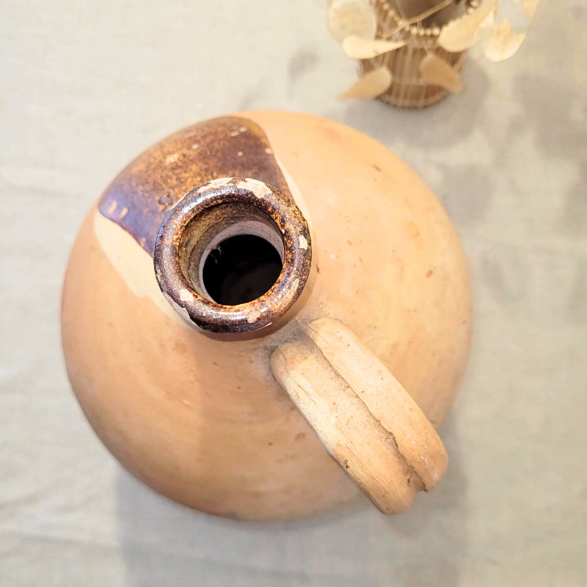 Antique partially glazed terracotta pitcher – 19th century rustic pottery