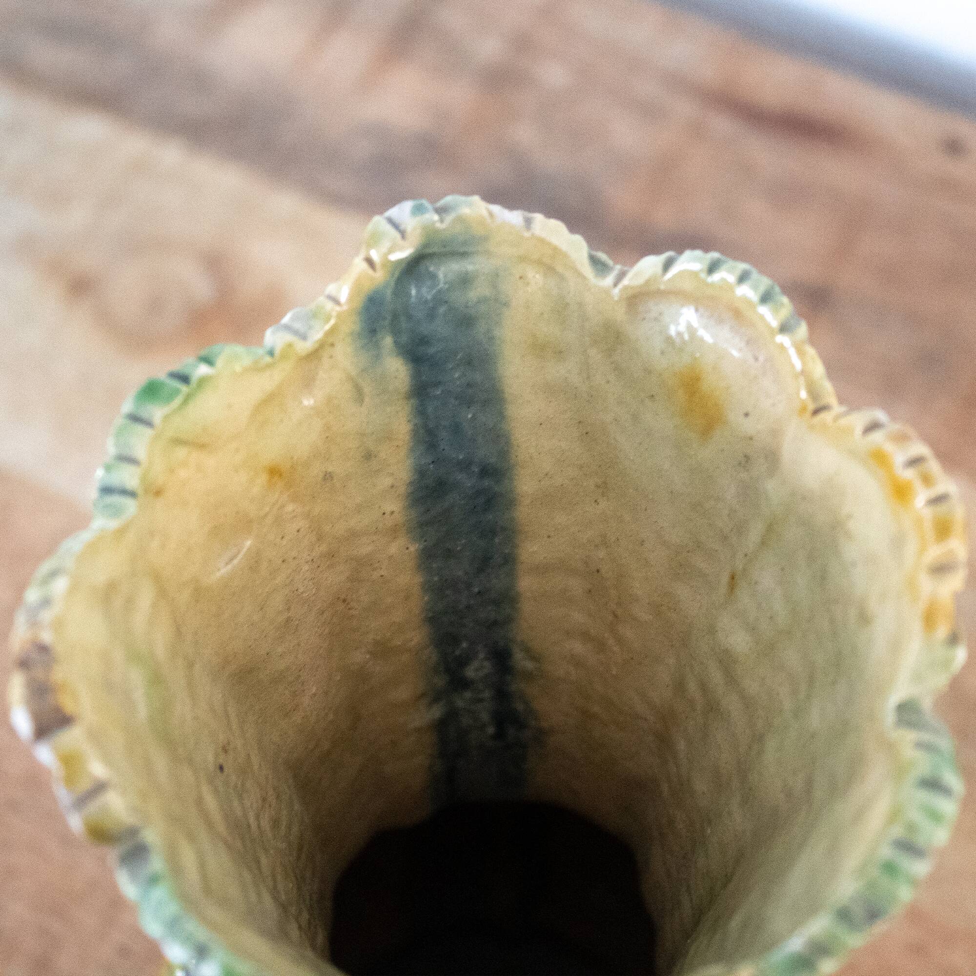 Vintage French Majolica Style Ceramic Corn Vase: 1950s Barbotine Pottery