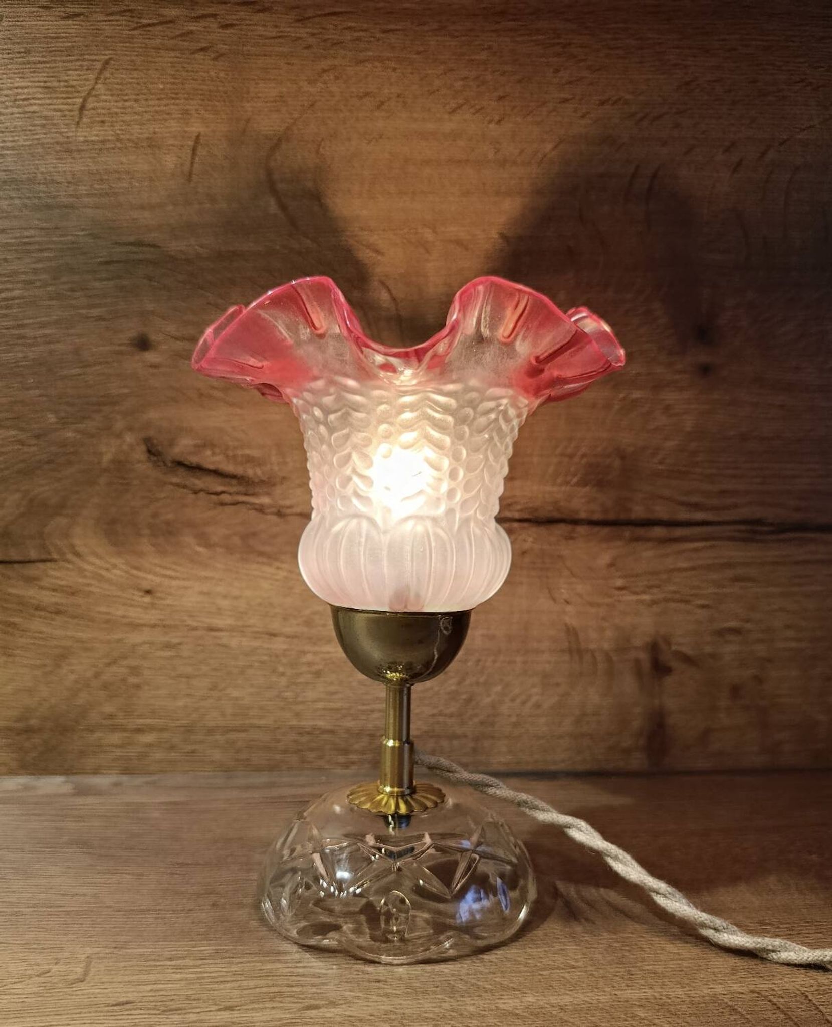 Upcycled vintage pink tulip glass table lamp