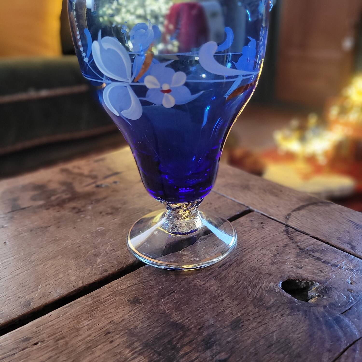 Ewer/pitcher, cobalt blue glass, enameled with flowers, 1950s-60s