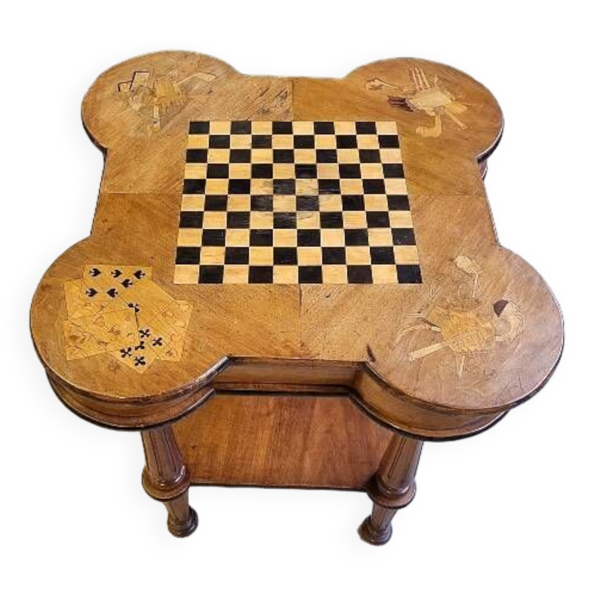 table a jeux en marqueterie plateau tournant en noyer du xix ème siecle