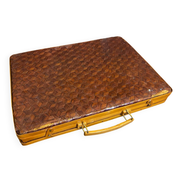 Malle de transport vintage en bois et bambou tressé