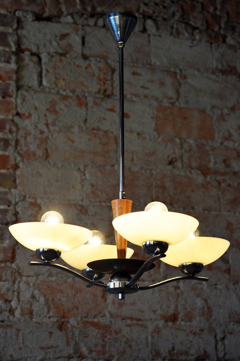 Art Deco Chandelier in Chromed Steel, Beech and Opal Glass, Czech, 1920s