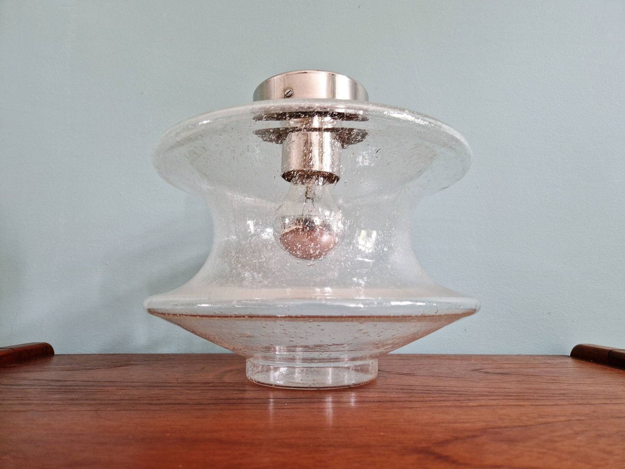 Ceiling light meerpaal in transparent bubbled glass, raak amsterdam, 1970
