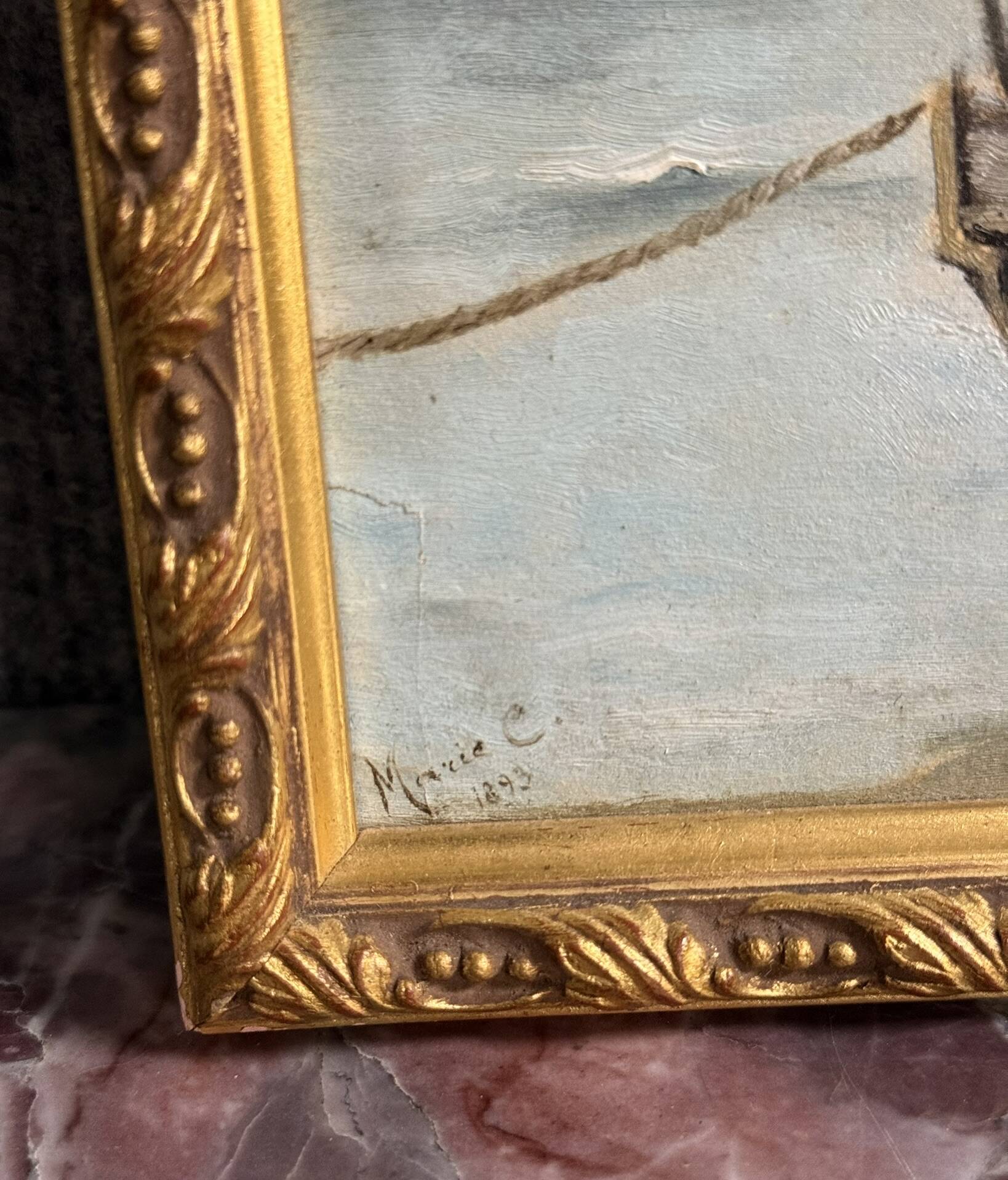 Marie C: oil painting on canvas, seascape with sailboat, Napoleon III period