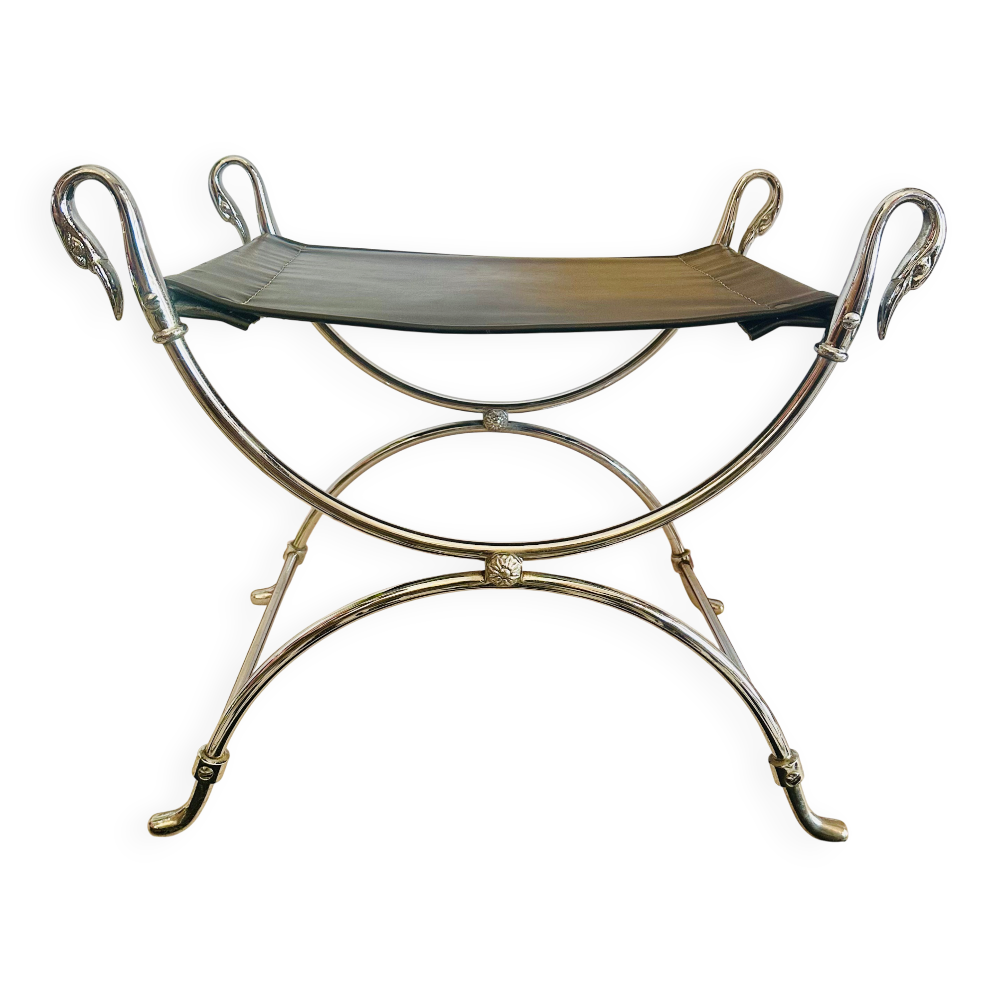 Curule Stool Maison Jansen in Chrome Steel and Black Leather