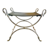 Tabouret Curule Style Maison Jansen en Acier Chromé et Cuir Noir