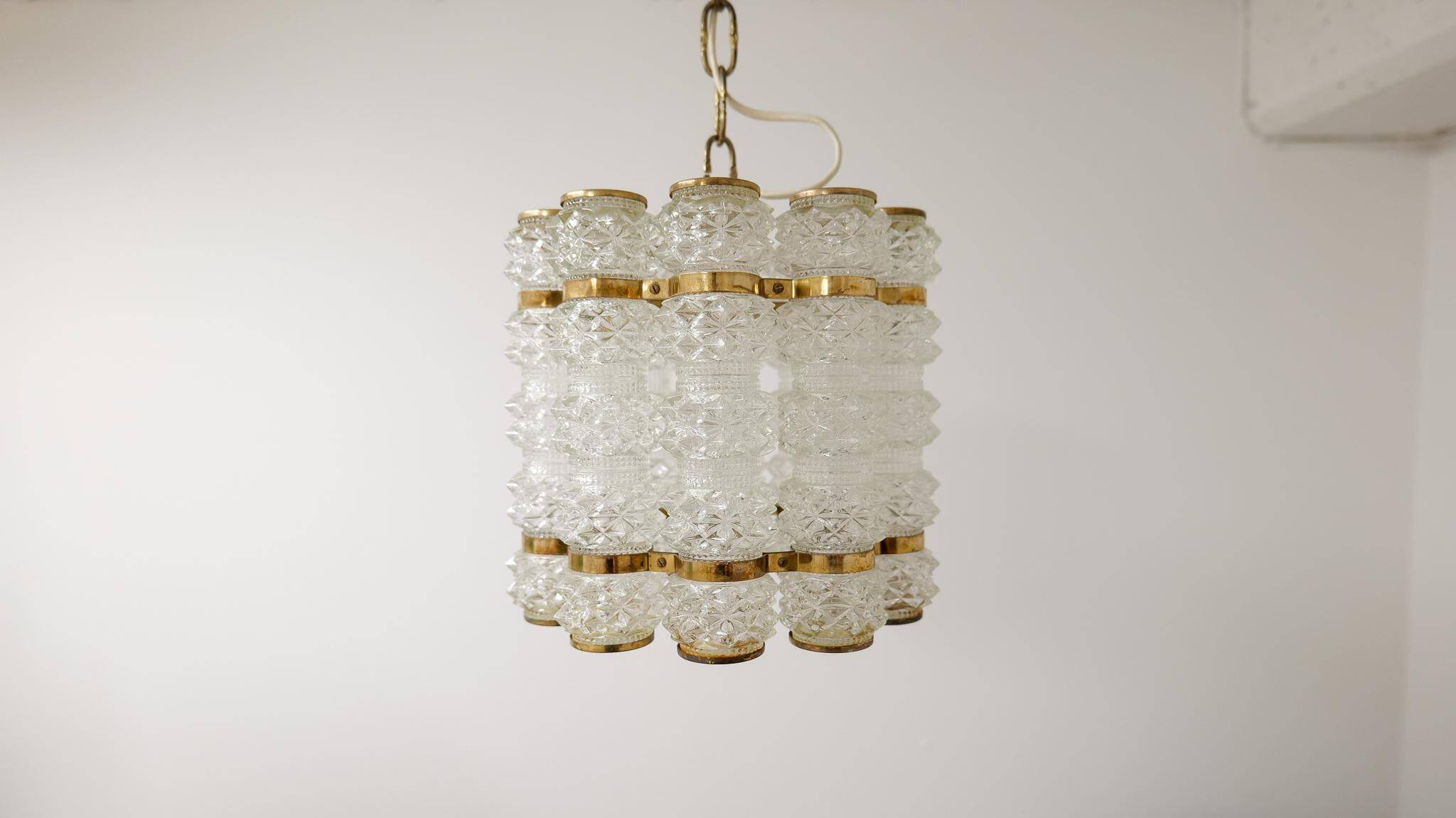 Cylindrical brass and crystal chandelier by Tyringe for Orrefors, Sweden.