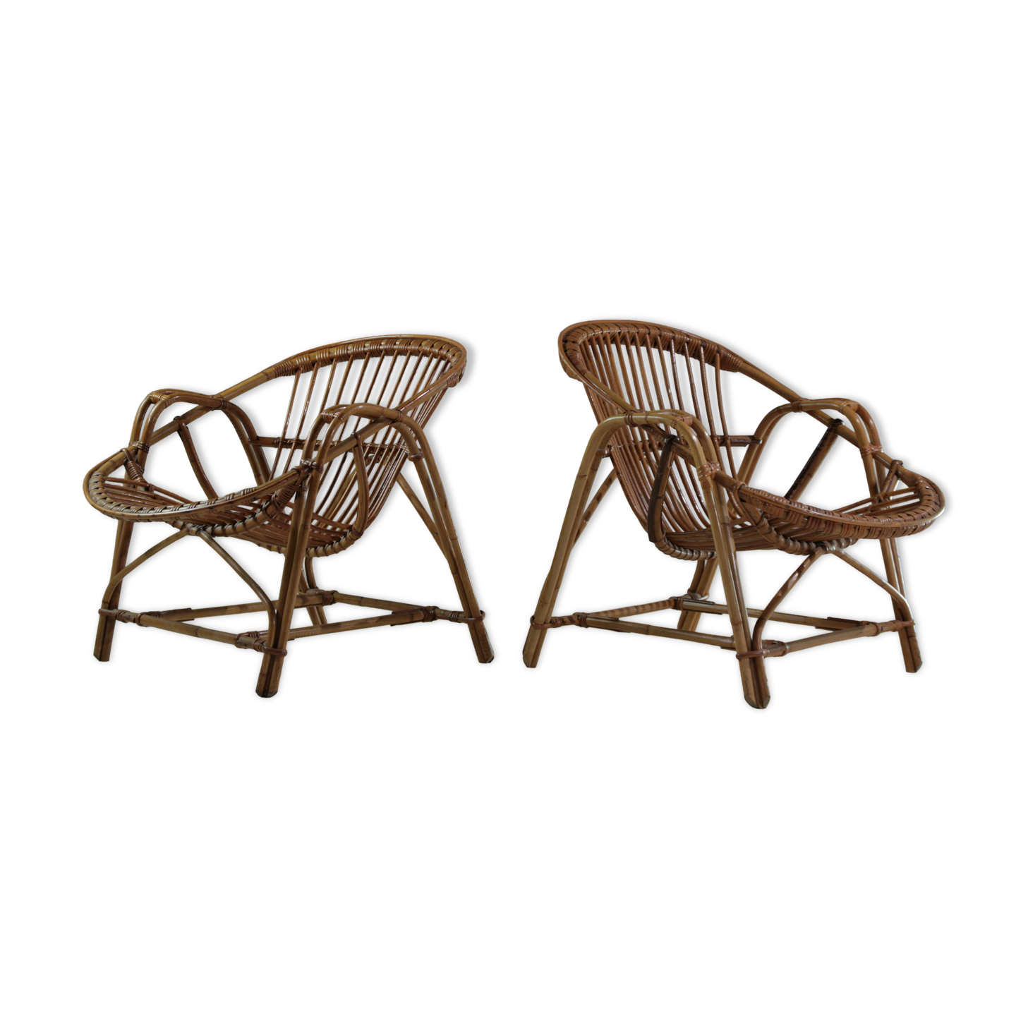 Pair of shell armchairs in rattan, France 1960