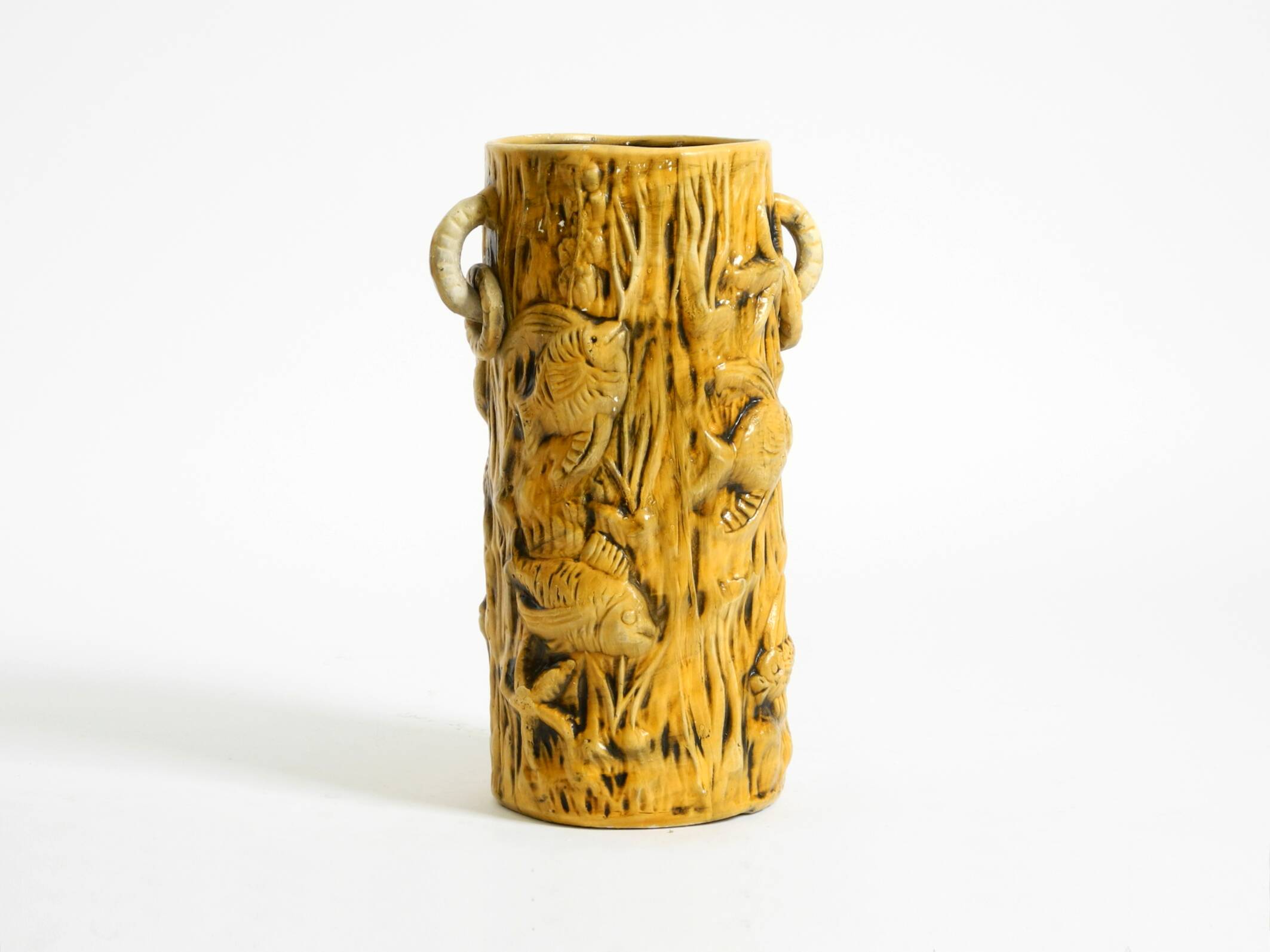 Large handmade glazed ceramic floor vase, handled vase with maritime motifs