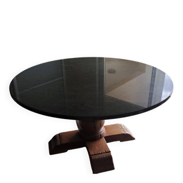 Table ronde en granit vert des Vosges et bois massif – Ø 140 cm
