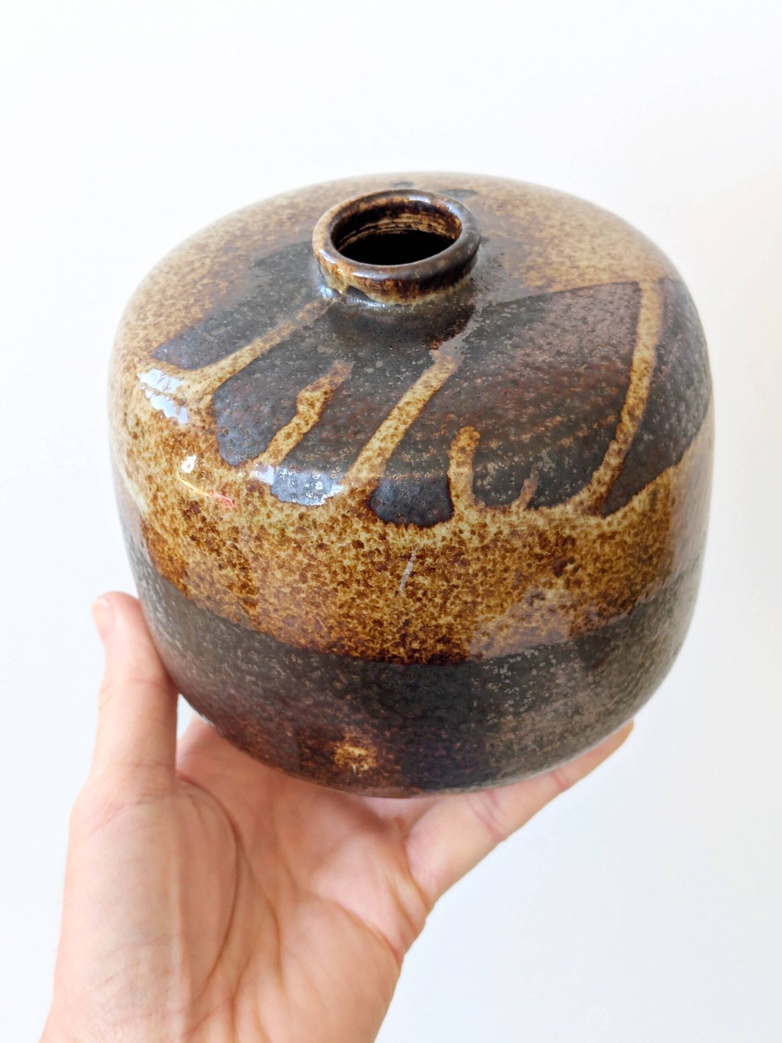 Round stoneware vase, brown and cream glaze, vintage handmade pottery
