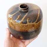 Round stoneware vase, brown and cream glaze, vintage handmade pottery
