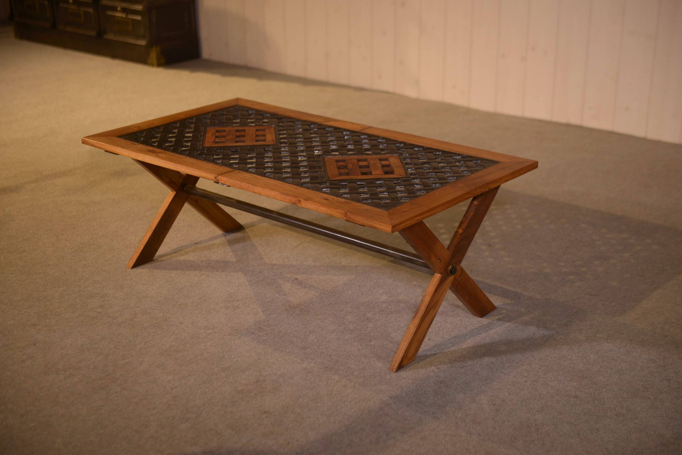 Antique oak and cast iron street furniture coffee table from the 1950s