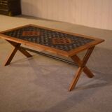 Ancienne table basse de mobilier urbain en chêne et fonte 1950's