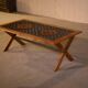 Ancienne table basse de mobilier urbain en chêne et fonte 1950's