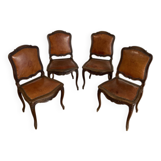 Victorian Wood and Brown Leather Dining Chairs