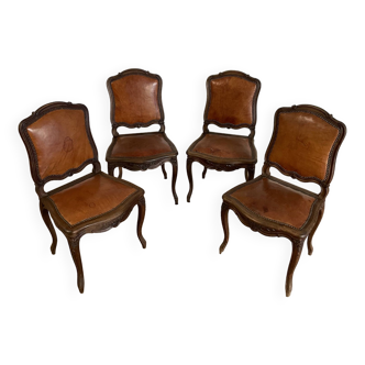Victorian Dining Chairs in Wood and Brown Leather