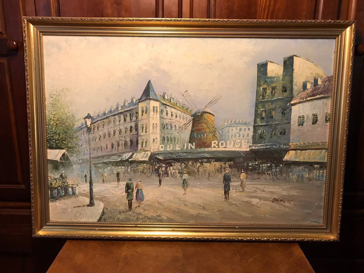 Oil on canvas caroline burnett paris moulin rouge + gilded wooden frame