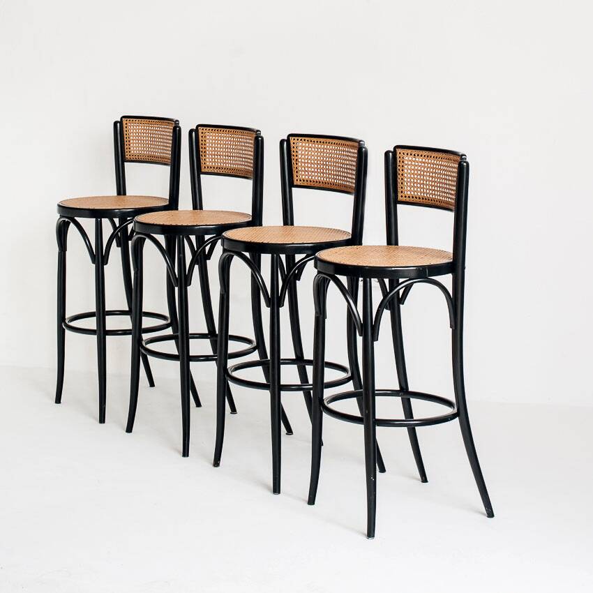 Set of 4 vintage high stools. Beech wood and cane. France, 90s