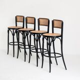 Set of 4 vintage high stools. Beech wood and cane. France, 90s