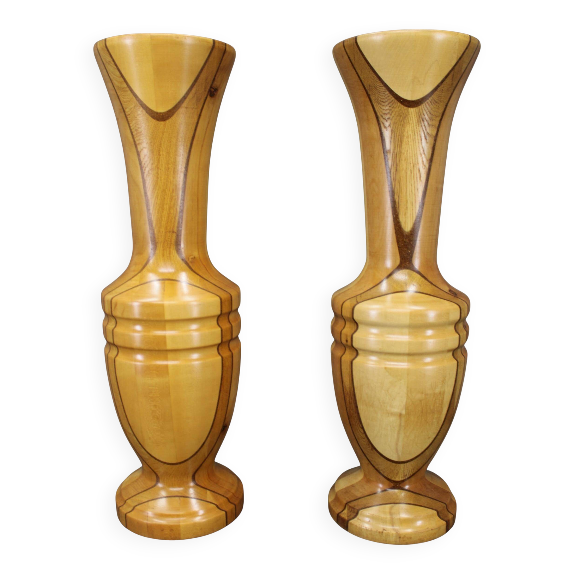 Pair of large Czechoslovakian wooden vases, mixed woods, 1960s
