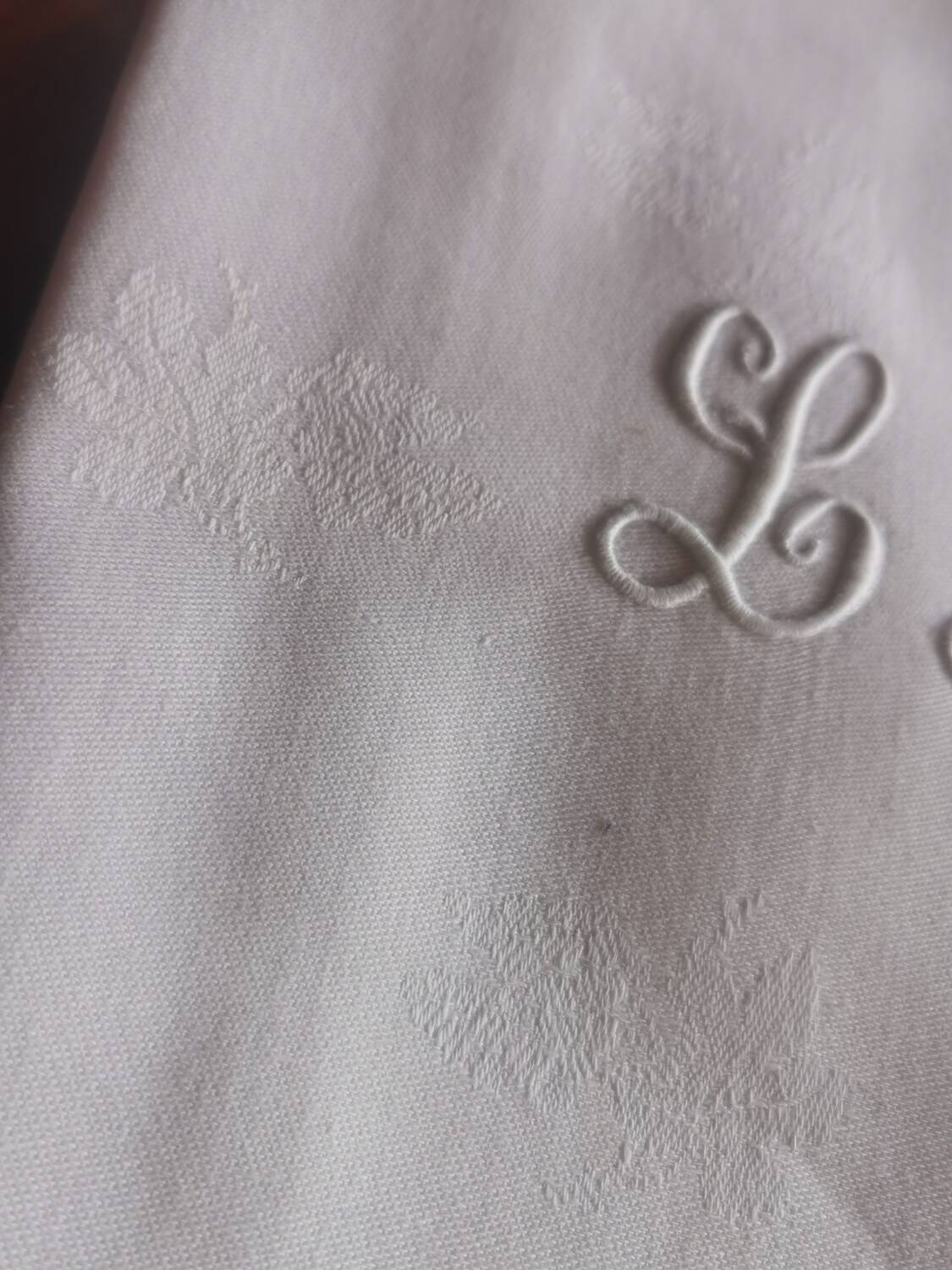 12 old damask linen towels monogrammed LD