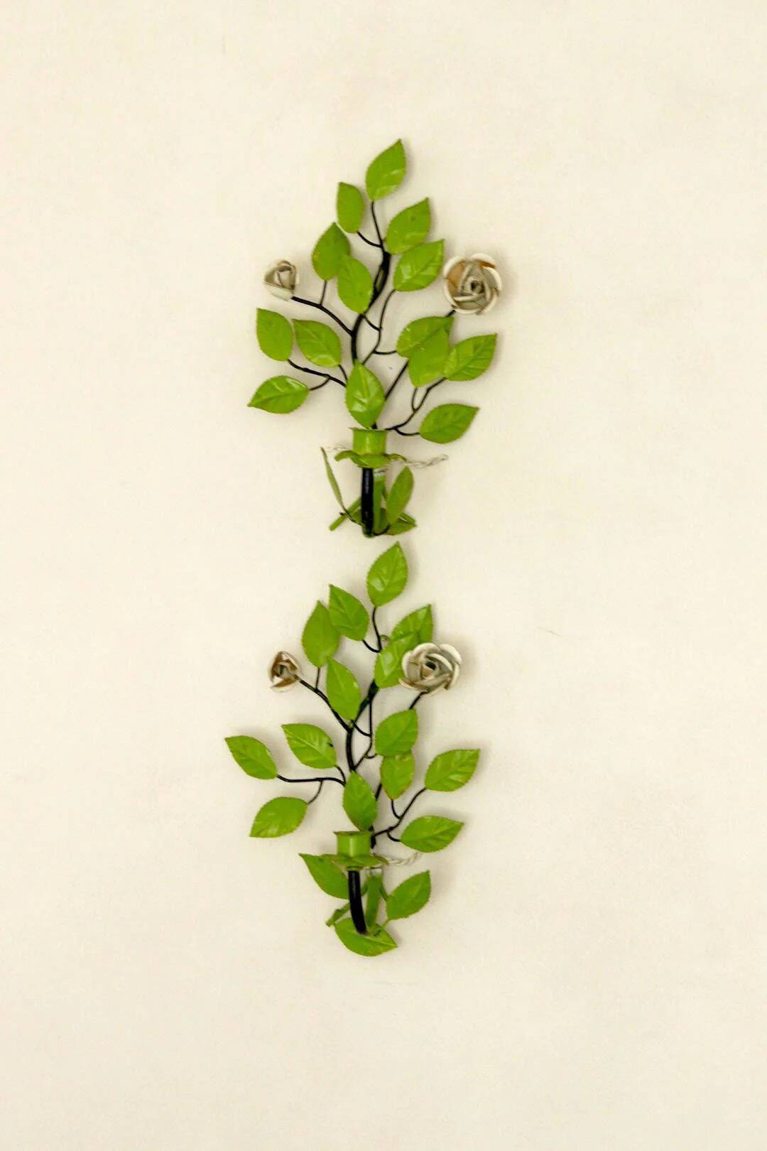 Pair of vintage green metal wall sconces – leaf-shaped