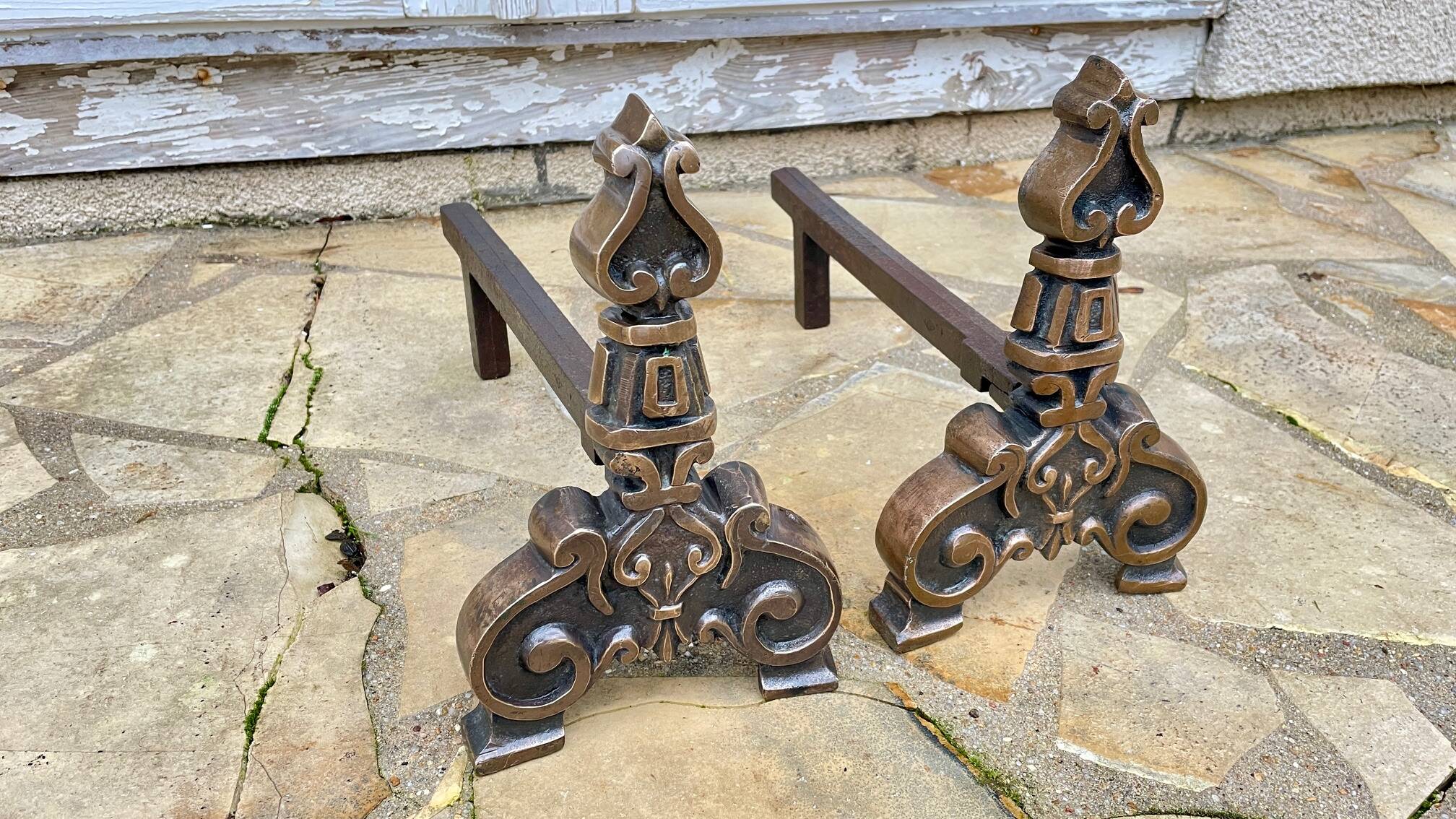 Paire de CHENETS Laiton Massif VINTAGE