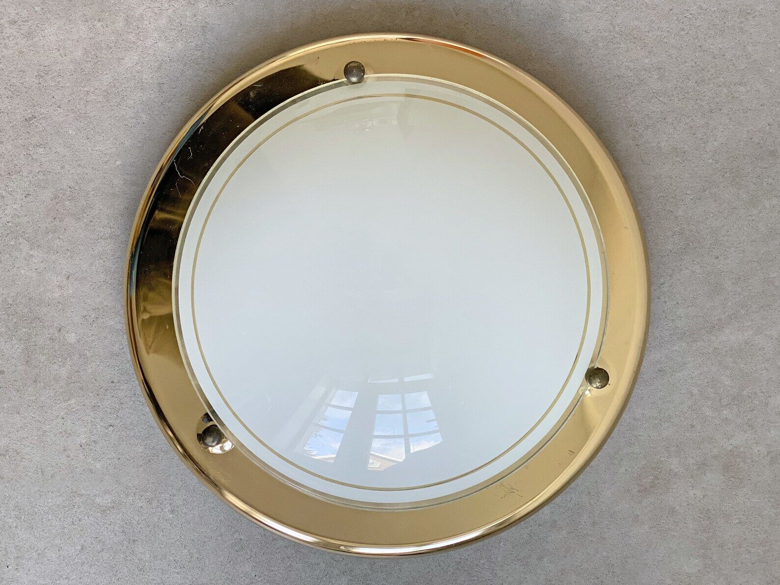 Vintage 80s round ceiling lamp brass & white glass