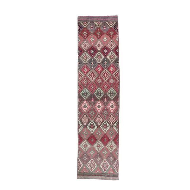 Vintage pink diamond Turkish hand-knotted runner rug 96x345