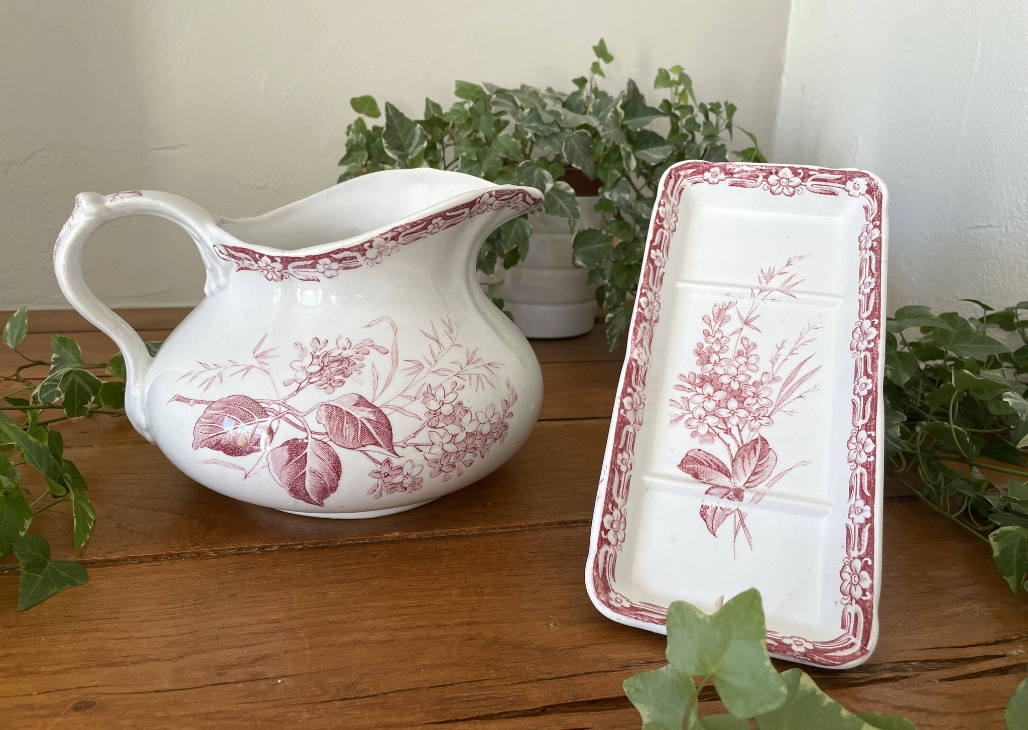 Antique earthenware jug & brush holders from Creil & Montereau