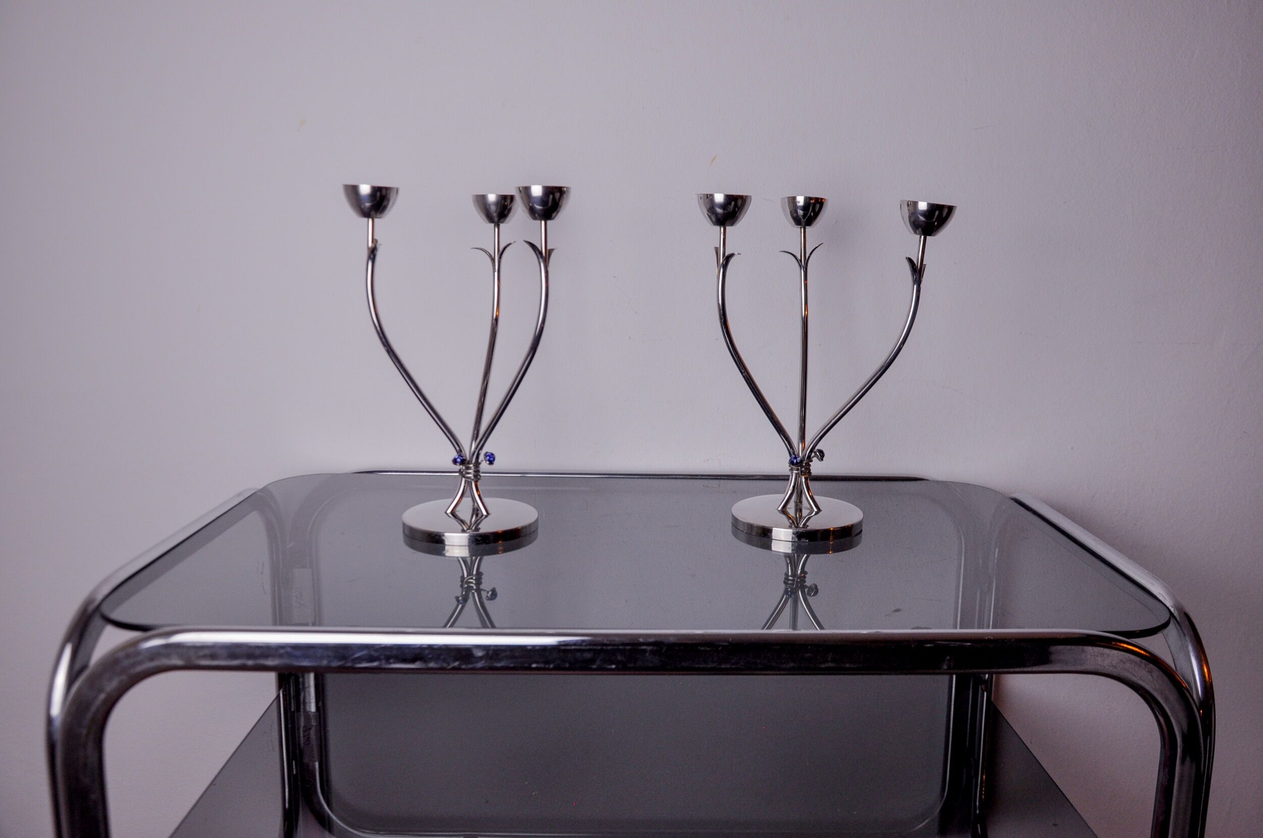 Pair of art deco candlesticks in stainless steel 3 flames and blue stones, Spain, 1970