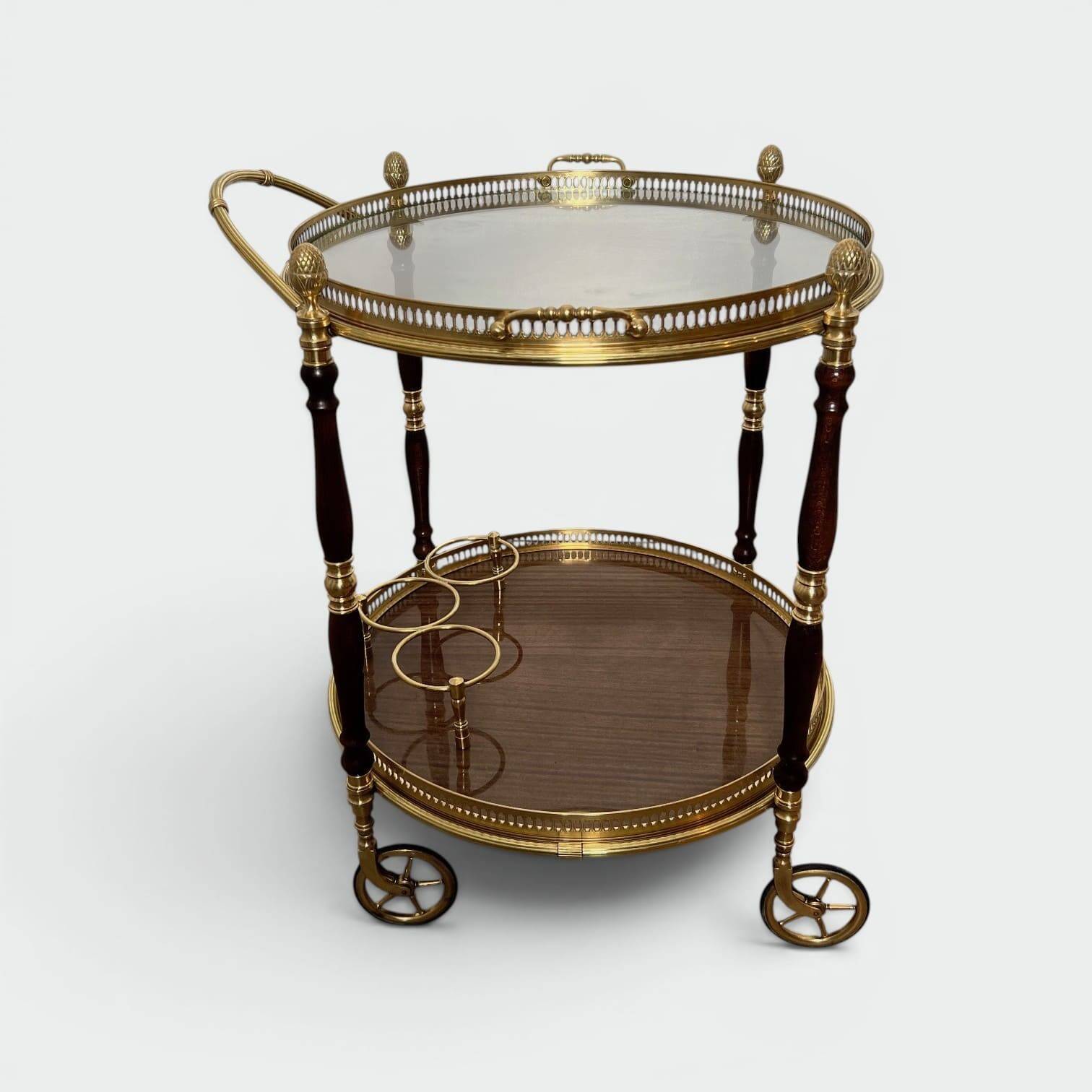 Oval Rolling Table in Brass and Mahogany with Openwork Gallery and Bottle Holder