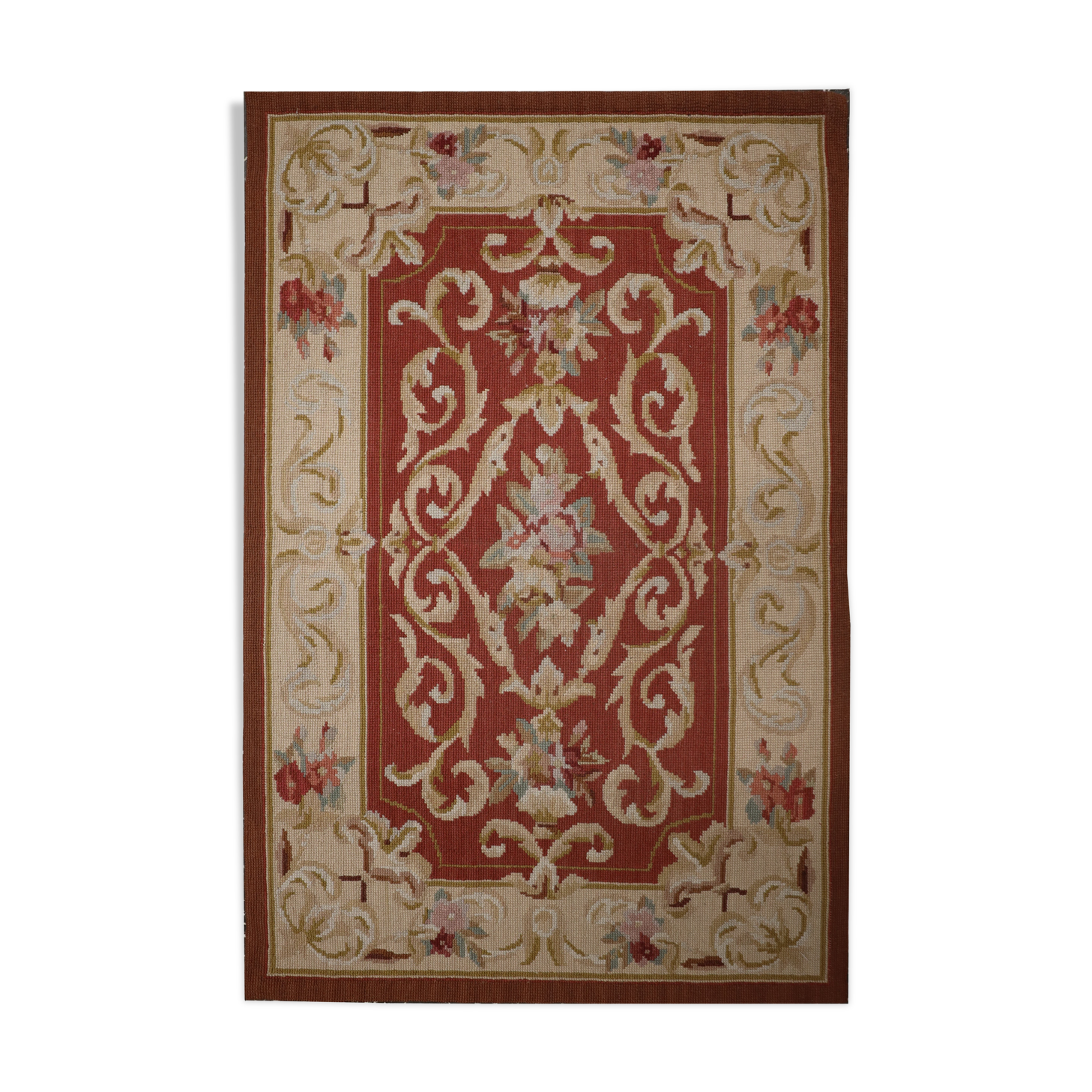 Small Handwoven Red Beige Needlepoint Rug- 61x91cm