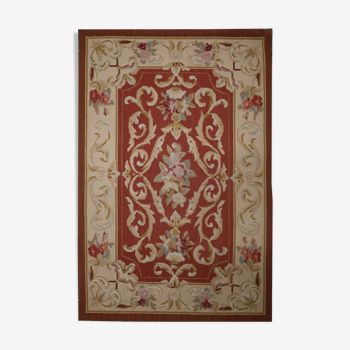 Small Handwoven Red Beige Needlepoint Rug- 61x91cm