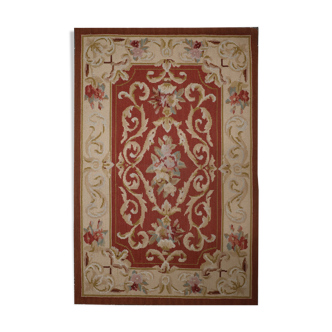 Small Handwoven Red Beige Needlepoint Rug- 61x91cm