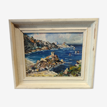 Painting of a seaside in coves on the port side around 1950