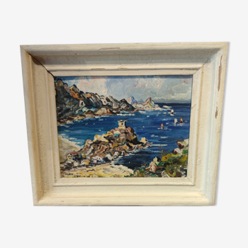 Tableau d'un bord de mer en calanques du côté de porto vers 1950