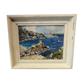 Tableau d'un bord de mer en calanques du côté de porto vers 1950