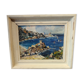 Tableau d'un bord de mer en calanques du côté de porto vers 1950